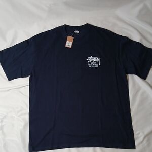 Stussy Navy Short Sleeve Tee with White Chest Logo Tagged